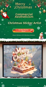 Détail du sticker de fenêtre Noël 3D avec Père Noël et décor de maison enneigée