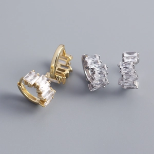 925 Sterling Silver Hoop Earrings With Baguette Cubic Zirconia Irregular Geometric Sparkling Huggie Jewelry For Women