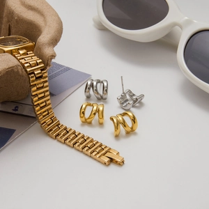 Three-layer 14K gold-plated stainless steel hollow hoop earrings with a square gold watch