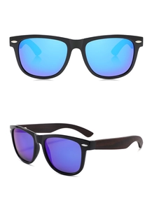 Close-up of polarized mirrored lenses and natural wood temples on classic sunglasses