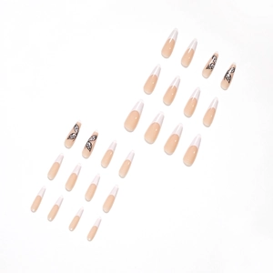 White French press-on nails with butterfly wing designs in medium coffin shape