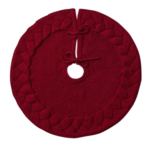 24-inch dark red chunky knit Christmas tree skirt with classic cable weave and ties