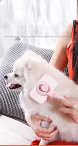 Close-up of pink long-handle pet grooming brush removing fur from a Pomeranian dog