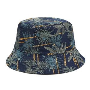 Chapeau bob réversible bleu marine avec imprimé tropical de palmiers et d'ananas pour le soleil