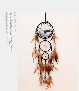 Detail of native dream catcher with eagle print, brown feathers and woven beads wall hanging