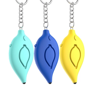Leaf-shaped personal safety alarm keychains in light blue, dark blue, and yellow colors