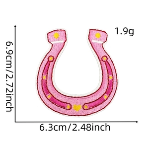 Pink horseshoe embroidered patch detail with dimensions 6.3cm x 6.9cm for DIY apparel