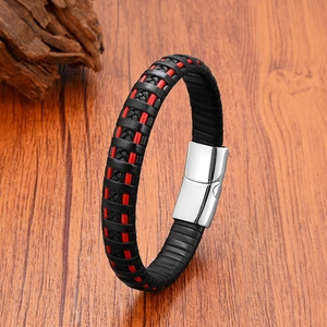 Men's multilayer black braided leather bracelet with red stitching and magnetic clasp