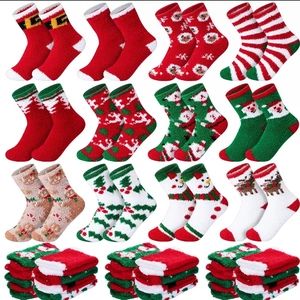 Detailed view of various fuzzy Christmas coral fleece socks with festive holiday patterns
