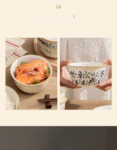 Detail of floral ceramic rice bowl with hand-painted underglaze pattern in Japanese style