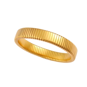 Detailed macro view of gold-plated 18K stainless steel Tubogas style ribbed cuff bracelet