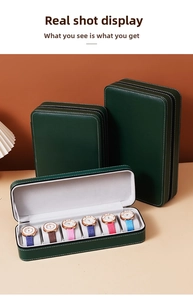 Detail of dark green leather watch box with white stitching and soft velvet lining