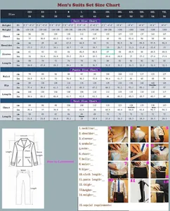 Detailed size chart for men's 3-piece slim fit suit jacket, pants, and vest with measurements