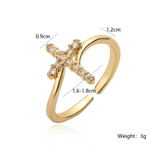 Gold plated cross open ring with cubic zirconia stones at 45-degree angle