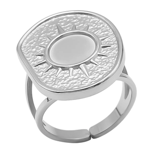 Close-up of a silver stainless steel sunburst ring with adjustable open band detail