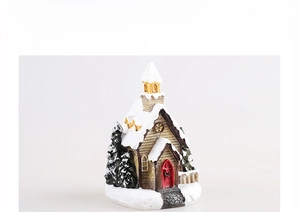 Detailed macro view of a glowing resin Christmas miniature house with snowy roof and red door