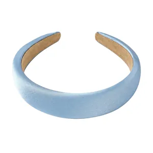 Sky blue padded satin headband for women with non-slip lining and thick sponge design