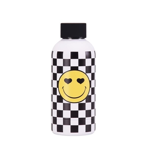 Close-up of checkered stainless steel water bottle with yellow heart eye smiley face