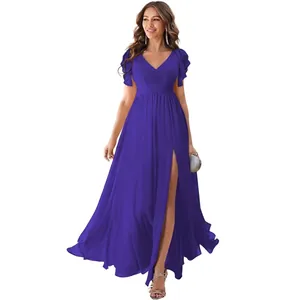 Detail of royal blue chiffon gown featuring a deep V-neck, ruffle sleeves and high leg slit