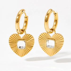 Golden heart drop earrings with radiant texture and square crystal inlay on hoops