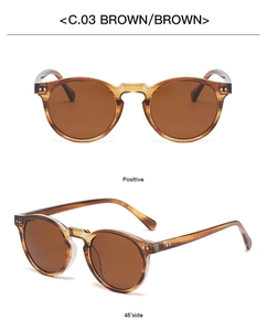 Detail view of round translucent brown sunglasses with amber texture and C.03 code