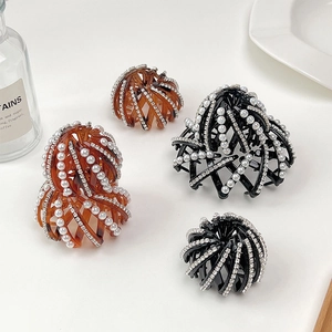 Pinces à cheveux nid d'oiseau avec strass et perles, noir et marron, deux tailles