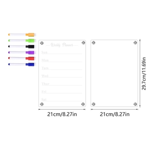 Set of two magnetic acrylic weekly planners with 6 colored markers and size details