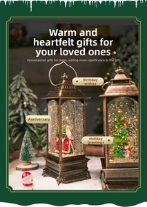 Classic Christmas lantern ornaments with spinning snow and festive Santa Claus and tree