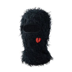 Black plush Balaclava ski mask with red broken heart embroidery on white background
