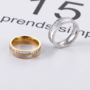Fashion wide stainless steel band ring with inlaid shell and CZ diamonds in gold and silver