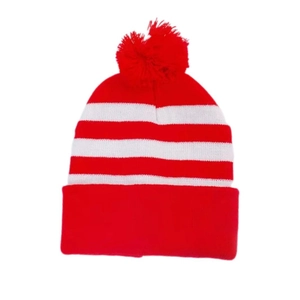 Unisex red and white striped knit beanie with a fluffy red pompom for Christmas holiday