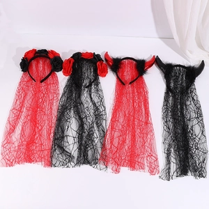 Halloween headband set featuring red and black roses, devil horns, and lace veils for party