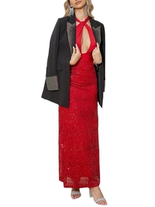 Elegantes rotes Paillettenkleid mit schwarzem Blazer und Strass-Revers für Damen