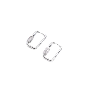 Modern silver U-shaped earrings with sparkling cubic zirconia on white background