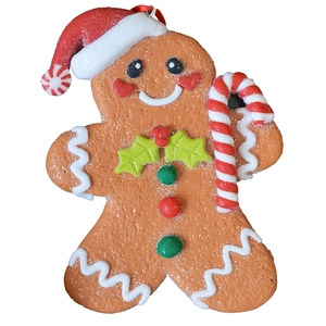 Gingerbread man Christmas tree ornament with red hat and candy cane decoration