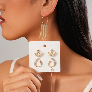 Elegant Alloy Rhinestone Geometric Round Tassel Earrings With 925 Sterling Silver Earring Post For Women Luxury Jewelry Gift