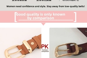 Detail of high-gloss gold alloy buckle and brown textured leather on a slim belt
