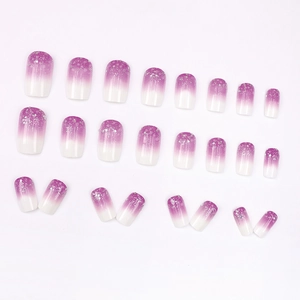 24pcs purple gradient press-on nails with silver glitter finish and milky white base