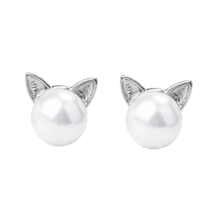 Minimalist cat ear pearl earrings featuring a creative kitten design in polished silver finish