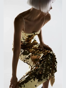 Sequin Midi Dress Spaghetti Strap Backless Slim Fit Evening Party Banquet Clubwear Shiny Fish Scale Pattern Women