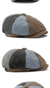 Detail of vintage patchwork newsboy cap with multi-color textured fabric panels