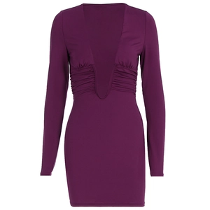 Detail of deep purple bodycon dress featuring a deep V-neck and ruched waist design