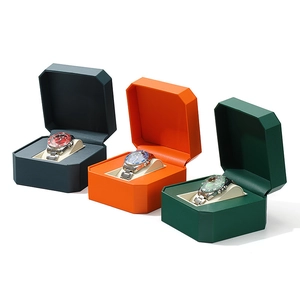 Octagonal PU leather watch display boxes in grey-blue, orange and dark green with pillows