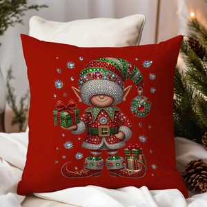 Detail of red Christmas pillow cover with sparkling diamond art elf pattern on white bedding