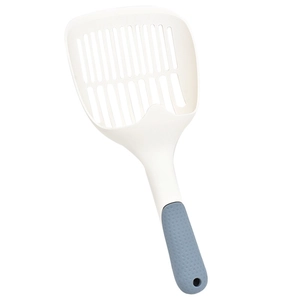 White minimalist plastic cat litter scooper with grey ergonomic handle and hanging hole