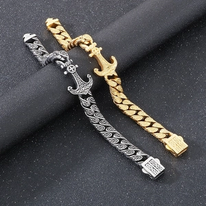 Punk vintage stainless steel Cuban link bracelet with cross anchor clasp in gold and silver