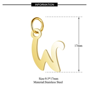 Detail shot of golden stainless steel 'W' letter pendant showing size 9.5x17mm dimensions
