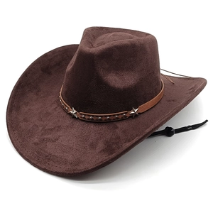 Classic dark brown suede western cowboy hat with star metal buckle and chin strap