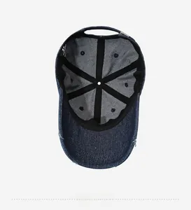 Interior detail of denim baseball cap showing sweatband and adjustable metal buckle