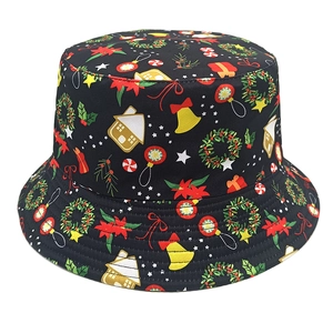 Black Christmas bucket hat with festive santa, gingerbread, and bell print for women